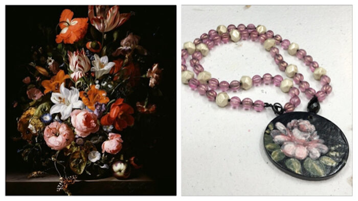 Painting of a black background with colorful red, orange, white and pink flowers in a vase with a butterfly nearby. Next to it is a necklace with a pendant that has a black background a large pink painted flower with green leaves. Pink and off white Czech glass beads make up the necklace strand. 