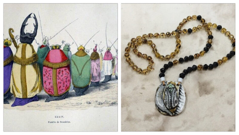 Inspiration illustration on left of bugs standing in line, each in colorful robes. Necklace that inspired on right with ceramic bug pendant in neutral colors of black, white tan and green with strand of black and tan/brown beads on knotted strand. Two light green beads where strand connects to pendant. 