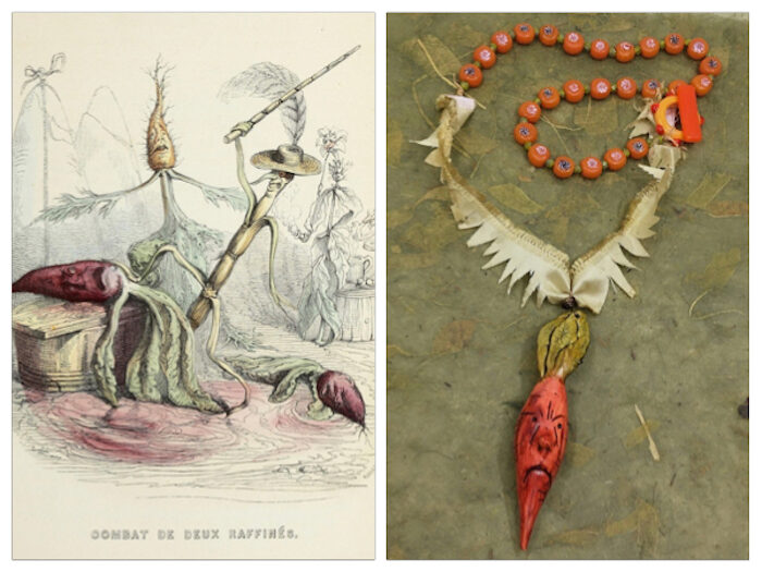 Inspiration illustration on right of vegetables with a beet on the ground and one on an auction or chopping block with a carrot in back with arms outstretched in dismay. Necklace that inspired on right with angry carrot pendant, jaggedly cut ribbon to look like leafy carrot arms, orange beads and an orange glass toggle clasp. 