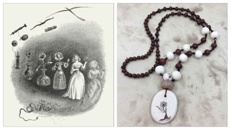 Inspiration illustration in black and white on left shows a flower turning by increments into a woman. Necklace it inspired on right in brown and white with dancing flower pendant and bead, lampwork swirly bead, and brown and white beaded strand. 