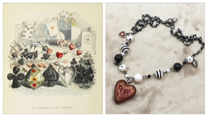 Inspiration illustration on left is different suits of playing cards staged as if suited up for battle. Necklace that inspired on right with red polymer clay heart with owl face, black and white beaded chain and gunmetal chain with different small heart charms where chains connect and at clasp at back. 